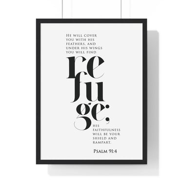 Under His Wings framed Bible verse wall art inspired by Psalm 91:4, black frame with black and white scripture typography