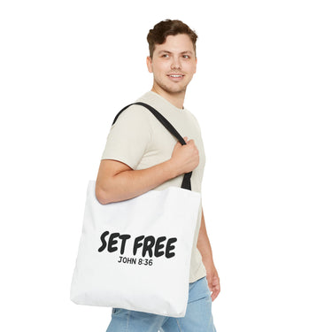 Faith Culture – Set Free Christian Tote Bag | John 8:36 Bible Verse Tote 18" × 18'' Black