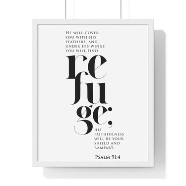 Under His Wings framed Bible verse wall art inspired by Psalm 91:4, white frame with black and white scripture typography