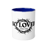 Faith Culture - So Loved John 3:16 Accent Mug – White and Black | Crown of Thorns Christian Coffee Cup (11oz) Blue 11oz