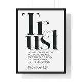 Trust in the Lord framed Bible verse wall art inspired by Proverbs 3:5, black frame with black and white scripture typography