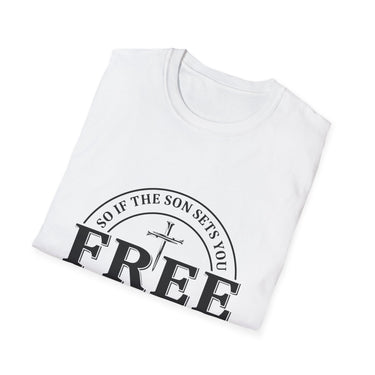 Faith Culture – Free Indeed Circle Emblem Unisex T-Shirt – White | Christian Freedom Tee with Cross Design & John 8:36