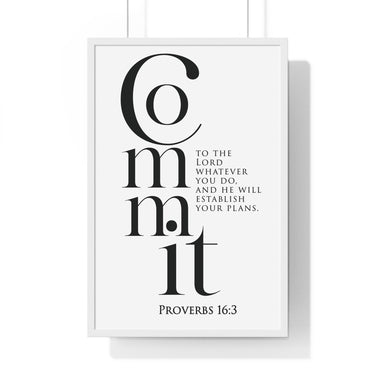 Commit Your Plans framed Christian wall art inspired by Proverbs 16:3, white frame with black and white scripture typography