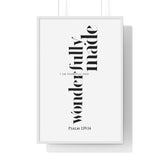 Fearfully and Wonderfully Made framed Christian wall art inspired by Psalm 139:14, white frame with black and white scripture typography