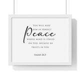 Perfect Peace framed Christian wall art, Isaiah 26:3, black lettering on white with a white wooden frame