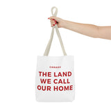 Faith Culture – The Land We Call Our Home Tote Bag | Red Canadian Anthem-Inspired Carryall 13" × 13'' Beige