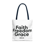 Faith Freedom Grace Christian Tote Bag | John 8:36 Bible Verse Gift 18" × 18'' Navy