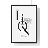 Like a Lion framed Christian wall art inspired by Proverbs 30:30, black frame with black and white scripture typography