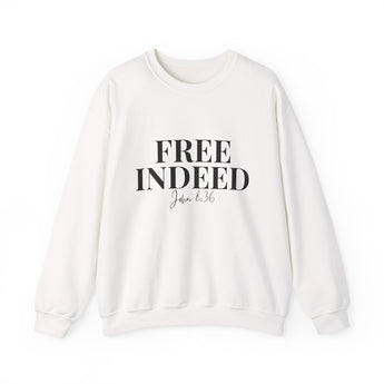 Faith Culture – Free Indeed John 8:36 Unisex Crewneck Sweatshirt – White | Elegant Christian Sweatshirt on Spiritual Freedom White