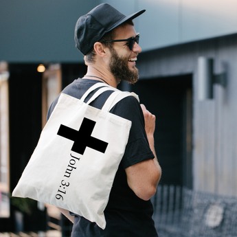 Faith Culture - John 3:16 Cross Tote Bag – White with Black Handles | Minimalist Christian Scripture Tote