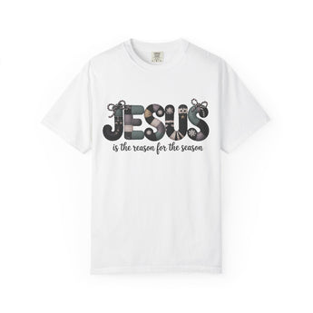 Faith Culture - Jesus Is the Reason Patchwork Christian Christmas T-Shirt – White | Christ Centered Holiday