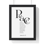 Peace Bold Verse framed Bible verse wall art inspired by John 14:27, black frame with black and white scripture typography