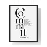 Commit Your Plans framed Bible verse wall art inspired by Proverbs 16:3, black frame with black and white scripture typography