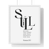 Be Still Before the Lord framed Bible verse wall art inspired by Psalm 37:7, white frame with black and white scripture typography