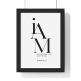 The Resurrection and the Life framed Bible verse wall art inspired by John 11:25, black frame with black and white scripture typography