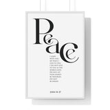 Peace framed Christian wall art inspired by John 14:27, white frame with black and white scripture typography