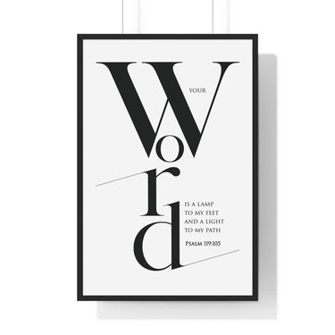 Your Word Is a Lamp framed Christian wall art inspired by Psalm 119:105, black frame with black and white scripture typography