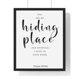 My Hiding Place framed Christian wall art inspired by Psalm 119:114, black frame with black and white scripture typography