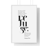 Under His Wings framed Christian wall art inspired by Psalm 91:4, white frame with black and white scripture typography