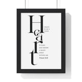 Create in Me a Clean Heart framed Bible verse wall art inspired by Psalm 51:10, black frame with black and white scripture typography