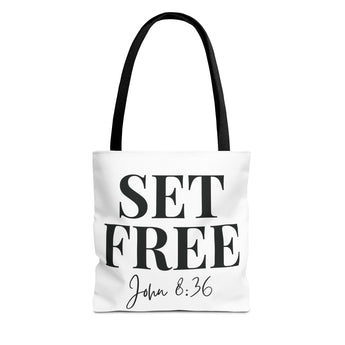 Faith Culture – Set Free John 8:36 Christian Tote Bag | Freedom in Christ Scripture Bag 13" × 13'' Black