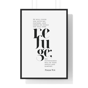 Under His Wings framed Christian wall art inspired by Psalm 91:4, black frame with black and white scripture typography