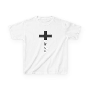 Faith Culture - John 3:16 Cross Kids T Shirt – White | Minimalist Christian Tee for Children