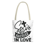 Faith Culture - Serve One Another in Love Christian Tote Bag - Galatians 5:13 Bible Verse 13" × 13'' Beige