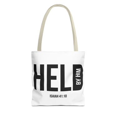 Faith Culture Held by Him Tote Bag | Isaiah 41:10 Christian Faith Tote