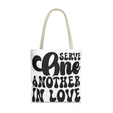 Faith Culture - Serve One Another in Love Christian Tote Bag - Inspirational Bible Verse Galatians 5:13 18" × 18'' Beige