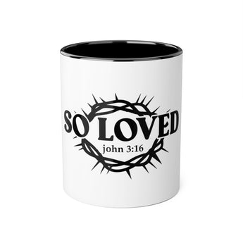 Faith Culture - So Loved John 3:16 Accent Mug – White and Black | Crown of Thorns Christian Coffee Cup (11oz)