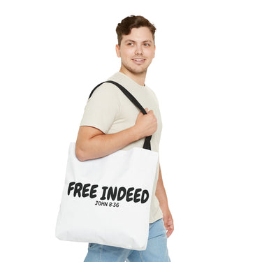 Faith Culture – Free Indeed Christian Tote Bag | John 8:36 Scripture Tote 18" × 18'' Black