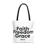 Faith Freedom Grace Christian Tote Bag | John 8:36 Bible Verse Gift 18" × 18'' Black