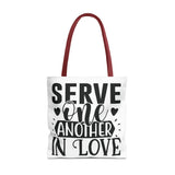 Faith Culture - Serve One Another in Love Christian Tote Bag - Galatians 5:13 Bible Verse 18" × 18'' Red