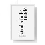 Fearfully and Wonderfully Made framed Christian wall art inspired by Psalm 139:14, white frame with black and white scripture typography