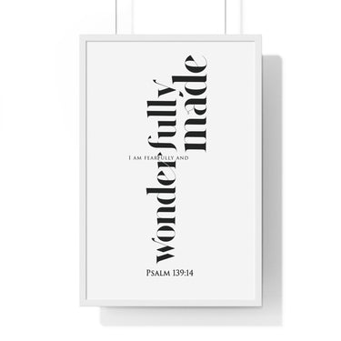 Fearfully and Wonderfully Made framed Christian wall art inspired by Psalm 139:14, white frame with black and white scripture typography