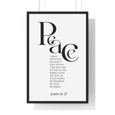 Peace Bold Verse framed Christian wall art inspired by John 14:27, black frame with black and white scripture typography