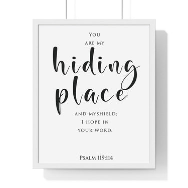 My Hiding Place framed Bible verse wall art inspired by Psalm 119:114, white frame with black and white scripture typography