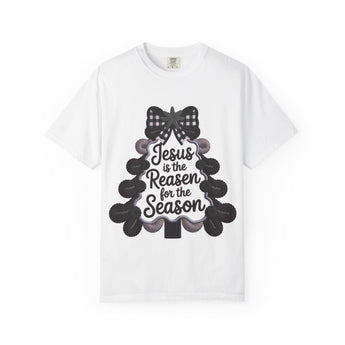 Faith Culture - Jesus Is the Reason Tree Christian Christmas T-Shirt – White | Script Christmas Tree Tee