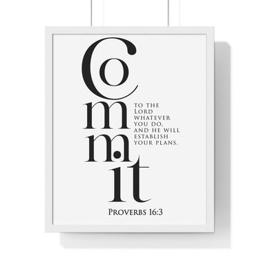 Commit Your Plans framed Bible verse wall art inspired by Proverbs 16:3, white frame with black and white scripture typography