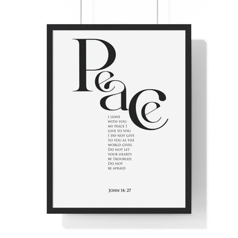 Peace framed Christian wall art inspired by John 14:27, black frame with black and white scripture typography