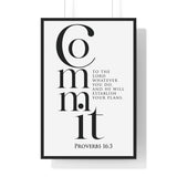 Commit Your Plans framed Christian wall art inspired by Proverbs 16:3, black frame with black and white scripture typography