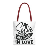 Faith Culture - Serve One Another in Love Christian Tote Bag - Galatians 5:13 Bible Verse 16" × 16'' Red