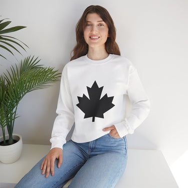 Faith Culture – Solid Black Maple Leaf Crewneck Sweatshirt – White | Bold Minimalist Canadian Pullover