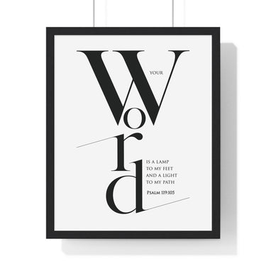 Your Word Is a Lamp framed Christian wall art inspired by Psalm 119:105, black frame with black and white scripture typography