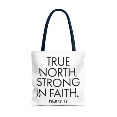 True North Strong in Faith Christian Tote Bag | Psalm 121:1-2 Scripture Gift 18" × 18'' Navy