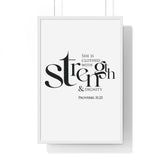 Strength and Dignity framed Christian wall art inspired by Proverbs 31:25, white frame with black and white scripture typography