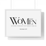 You Surpass Them All framed Christian wall art, Proverbs 31:29, black lettering on white with a white wooden frame