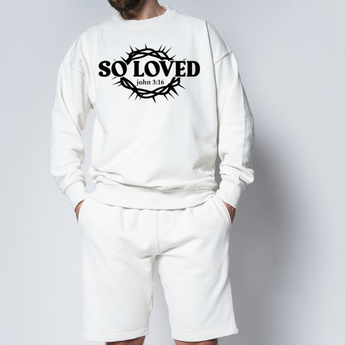 Faith Culture - So Loved John 3:16 Sweatshirt – White | Crown of Thorns Christian Oversized Pullover