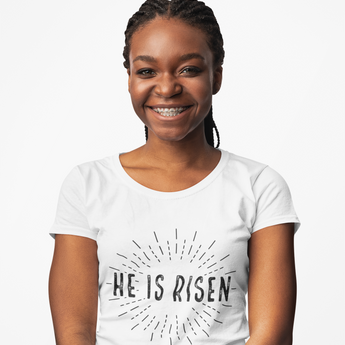 Faith Culture - He Is Risen Easter Unisex Softstyle T-Shirt – White | Minimal Christian Resurrection Tee